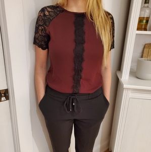 Burgondy shirt with black lace